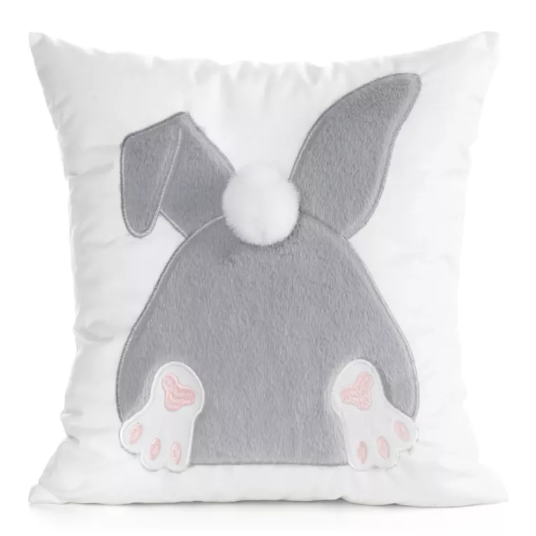 Wielkanocna poszewka na poduszkę 45x45 cm welwetowa z uroczym zajączkiem biało, srebrna WIOSNA 129