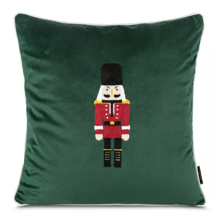 Poszewka na poduszkę 45x45 cm welwetowa kolor zielony z haftem z dziadkiem do orzechów