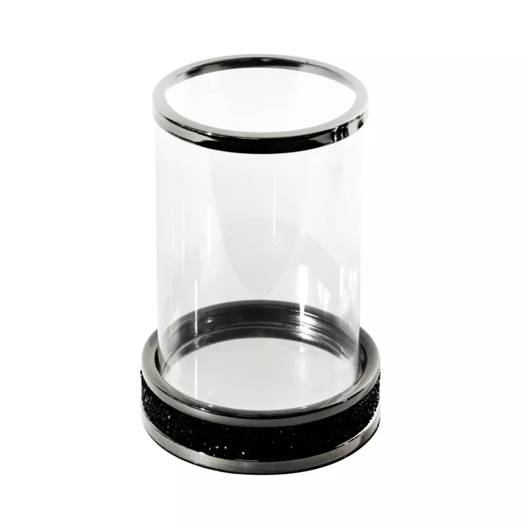 Świecznik dekoracyjny SUZIE z metalu ze szklanym kloszem dekorowany czarnymi kryształkami