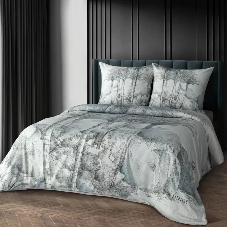 Pościel 160x200 cm z makosatyny bawełnianej kolor jasnoszary, stalowy z designerskim nadrukiem SKYE Eva Minge