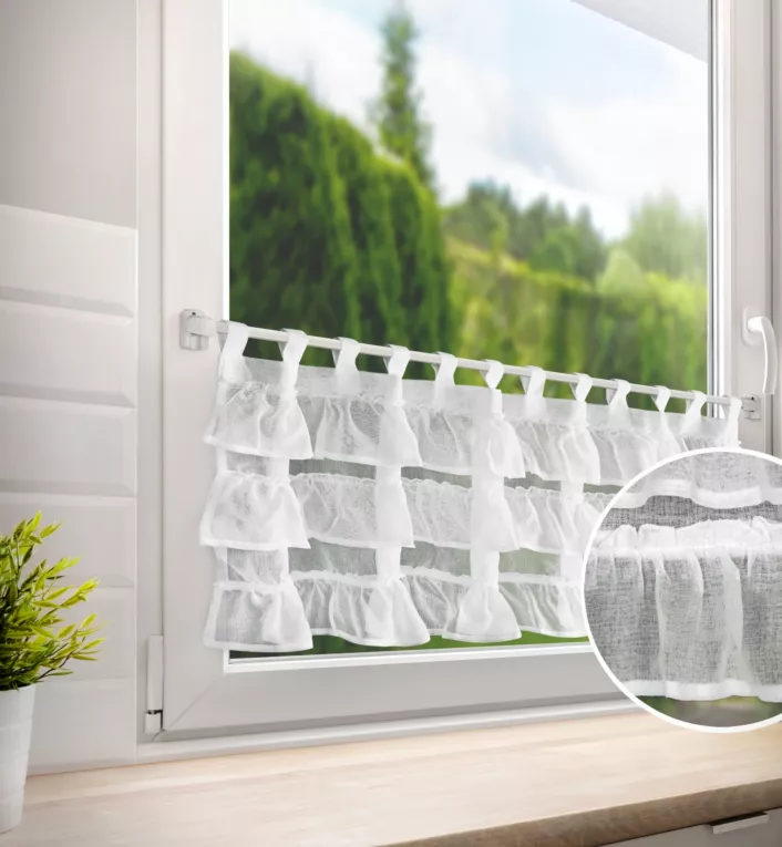 Zazdrostka biała z etaminy zdobiona falbankami 150x45 cm szelki LILIA