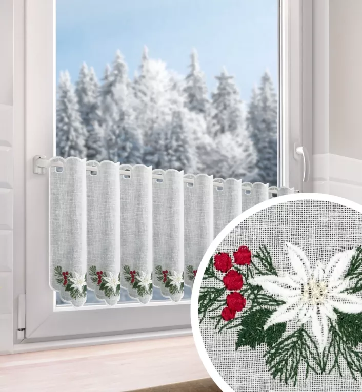 Tkanina firanowa zazdrostka z haftem świątecznych gwiazd betlejemskich