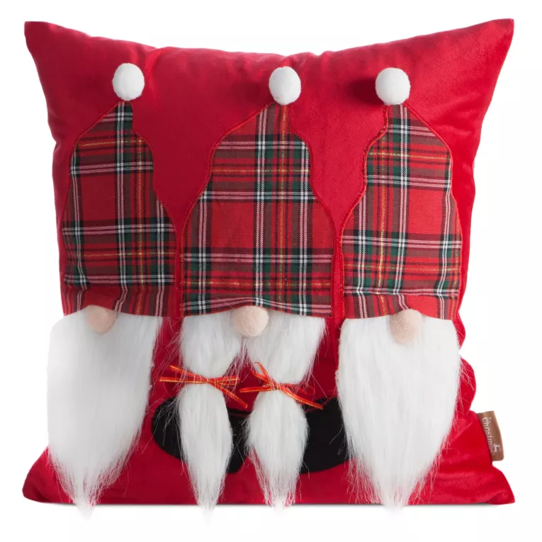 Poszewka na poduszkę świąteczna 45x45 cm czerwono, biała zdobiona aplikacja trzech skrzatów