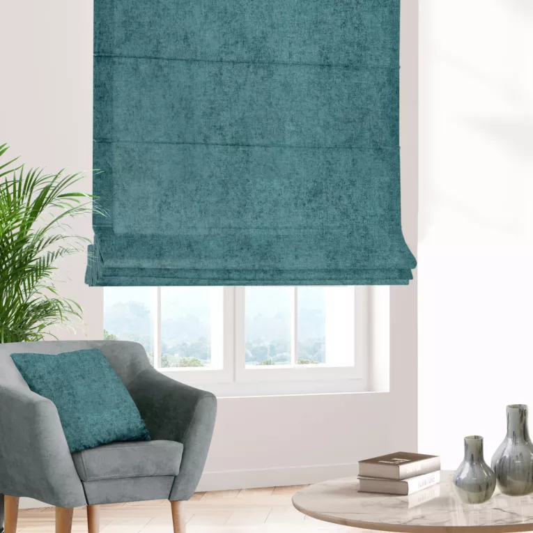 Roleta rzymska BRIANNA turkusowa miękka szenilowa o wyraźnym splocie i lekkim połysku
