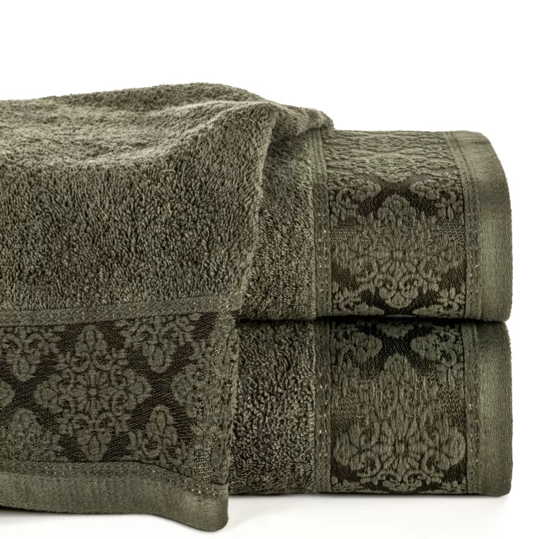 Ręcznik do rąk 30x50 cm bawełniany kolor ciemnooliwkowy z żakardowym wzorem ornamentów 500 g/m2 SARA