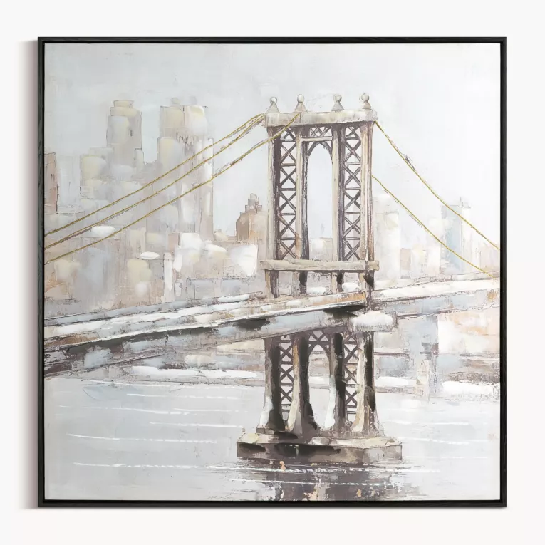 Obraz jasnobeżowy, kremowy recznie malowany most w mgle z metalicznymi akcentami 80x80 cm