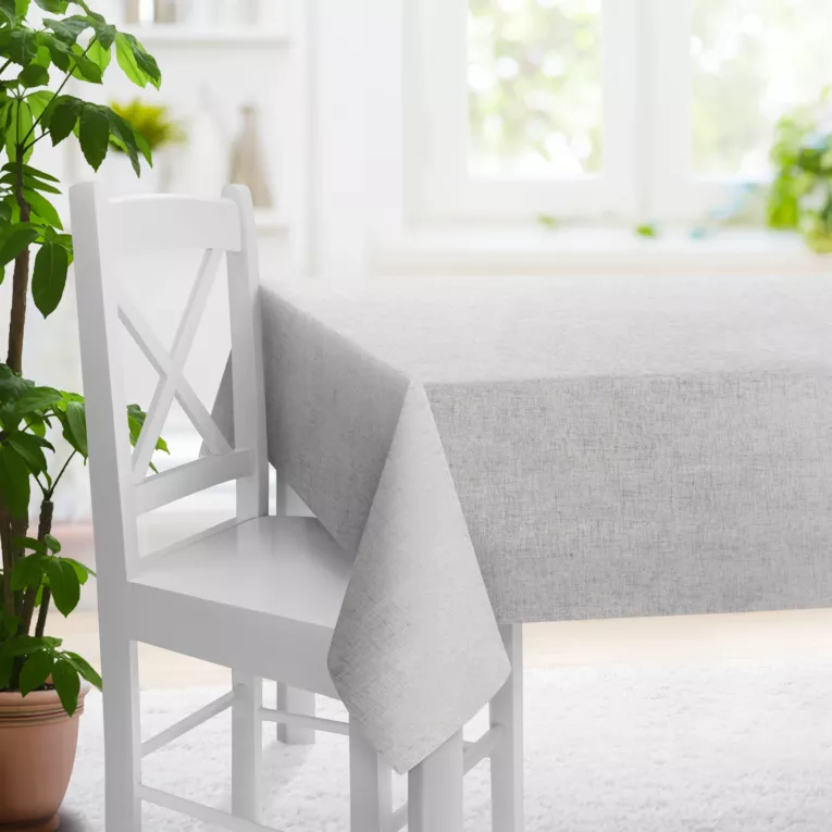 Obrus szyty popielato srebrny tkanina o naturalnym splocie z delikatnym połyskiem