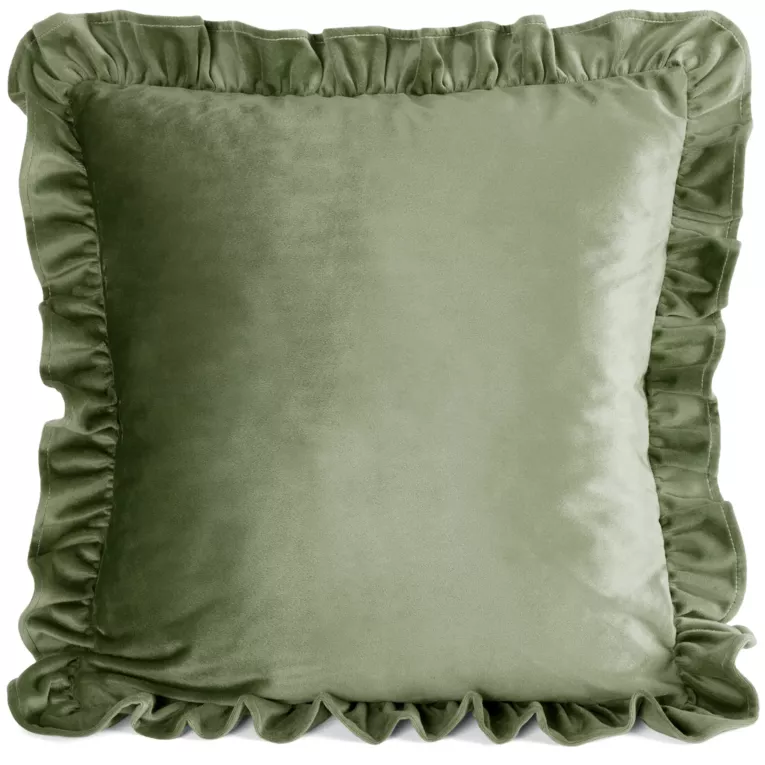 Poszewka na poduszkę 45x45 cm z aksamitnego welwetu oliwkowa zdobiona na brzegach falbanami BRENDA Eurofirany Premium