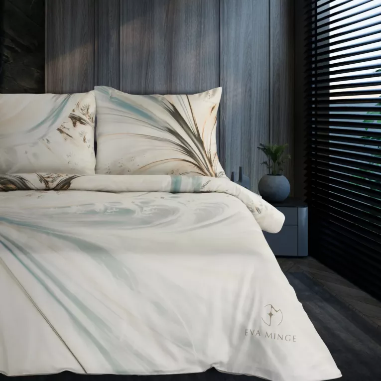 Pościel 220x200 cm z bawełny, makosatyny kolor kremowy, miętowy z designerskim wzorem NOYA Eva Minge