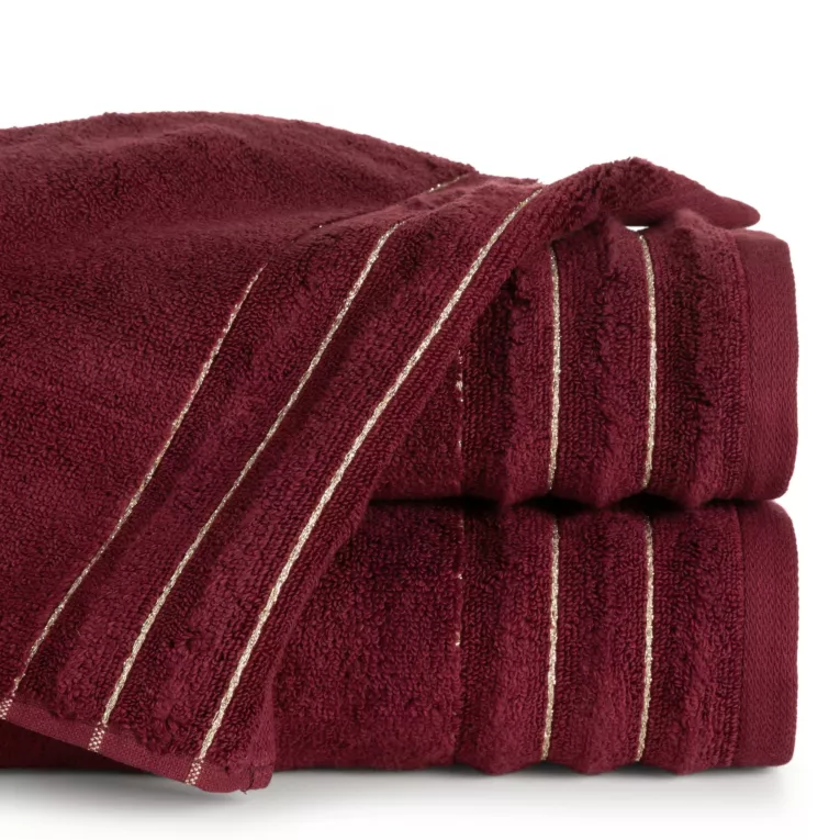 Ręcznik do rąk 30x50 cm bawełniany kolor bordowy zdobiony prążkami z błyszczącej nici 500 g/m2 LUNARI