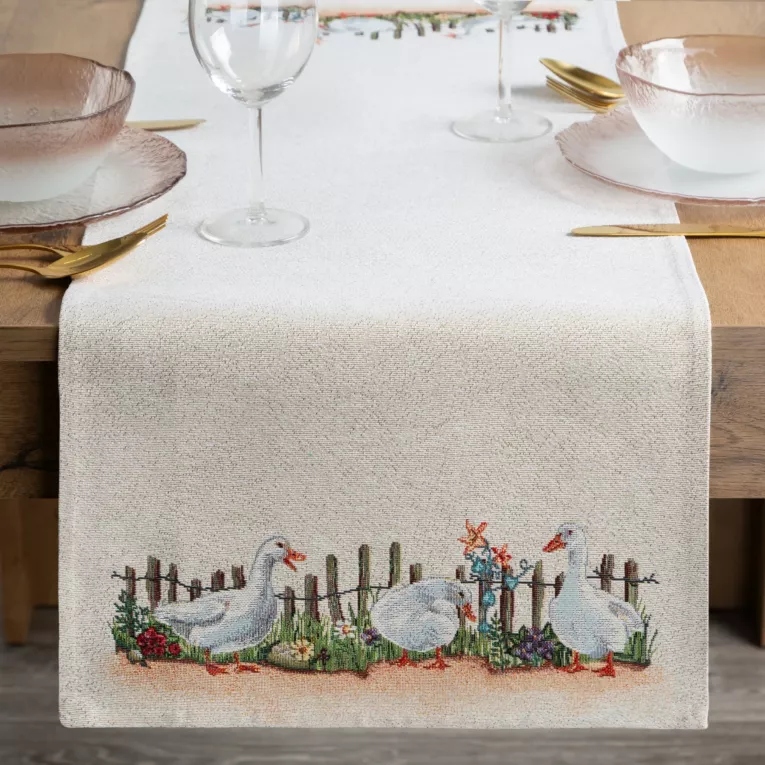 Bieżnik na stół naturalny 40x100 cm gobelinowy z motywem Gęsi