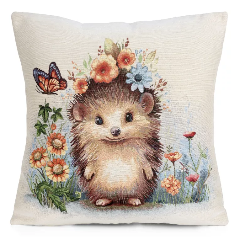 Poszewka na poduszkę 45x45 cm gobelinowa naturalno brązowa z tkanym motywem Jeża