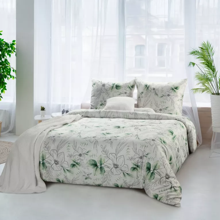 Pościel 220x200 cm bawełniana kolor biały, zielony z wzorem kwiatowym SPRING 28
