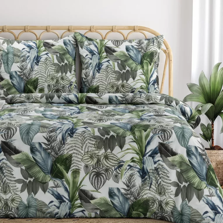 Pościel 160x200 cm bawełniana kolor zielony, biały z wzorem egzotycznych liści DAVOS