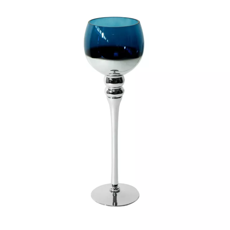 Świecznik bankietowy szklany CLOE na wysmukłej nóżce srebrno-granatowy