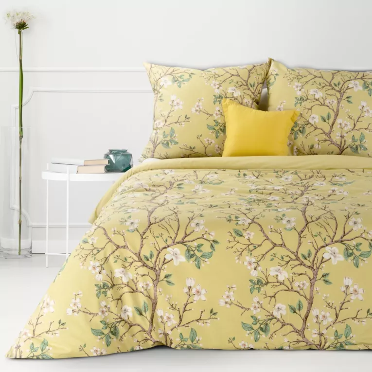 Pościel 160x200 cm bawełniana kolor musztardowy, brązowy z motywem kwiatowym SARA 18