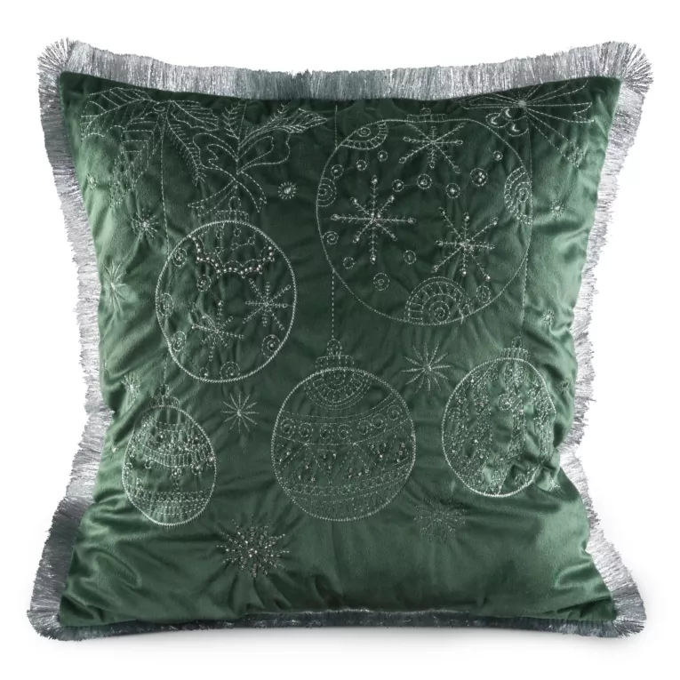 Poszewka na poduszkę 45x45 cm ciemnozielono, srebrna z haftowanym świątecznym motywem i ozdobnymi frędzlami