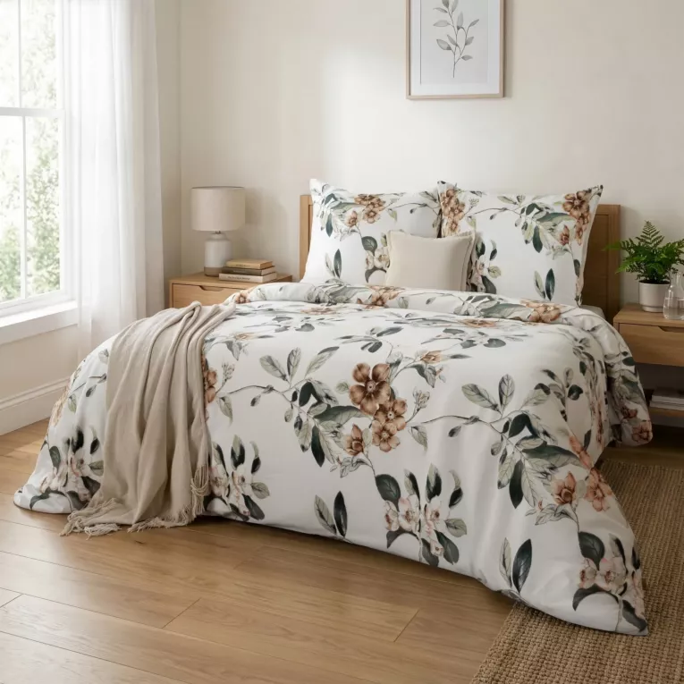 Pościel 220x200 cm komplet 3 częściowy bawełna ranforce kolor biały, jasnobrązowy z motywem kwiatów NIKOLA