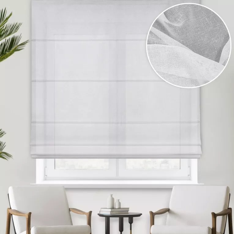 Roleta rzymska VERONA biała z gładkiej matowej etaminy o naturalnym splocie, wykończona obciążnikiem