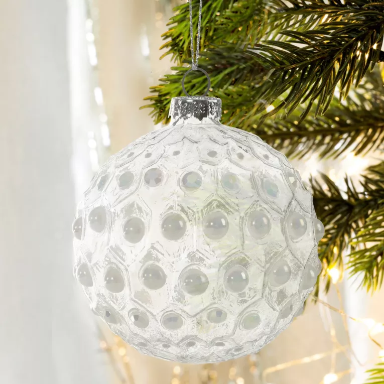 Szklana wytłaczana bombka choinkowa zdobiona perełkami