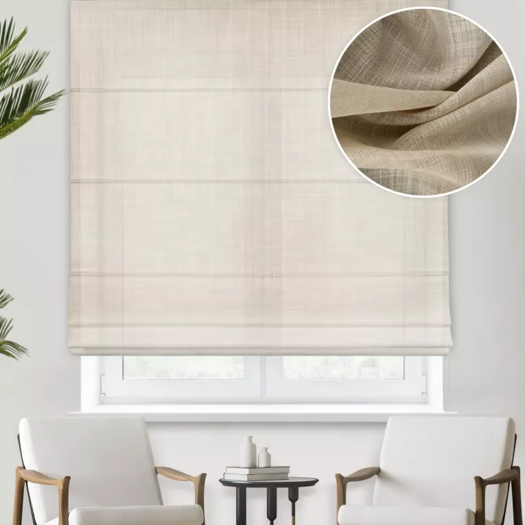 Roleta rzymska kremowa z gładkiej matowej etaminy o naturalnym splocie, wykończona obciążnikiem