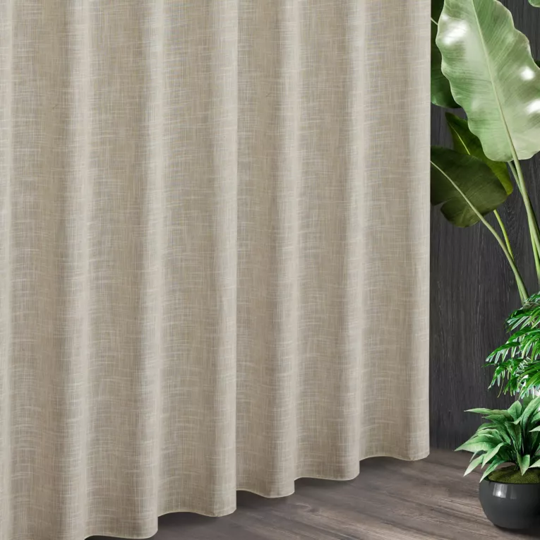 Tkanina zasłonowa z dodatkiem lnu o melanżowym wzorze zakończona obciążnikiem