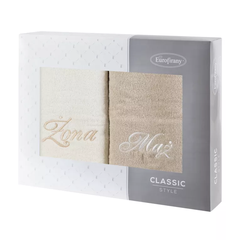 Zestaw ręczników bawełnianych na prezent 2 szt 70x140 cm z haftem Żona i Mąż kolor kremowy,beżowy 400 g/m2