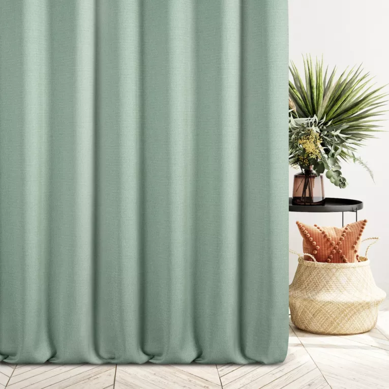 Zasłona szyta na flexach szałwiowa z tkaniny o naturalnym splocie z efektem melanżu