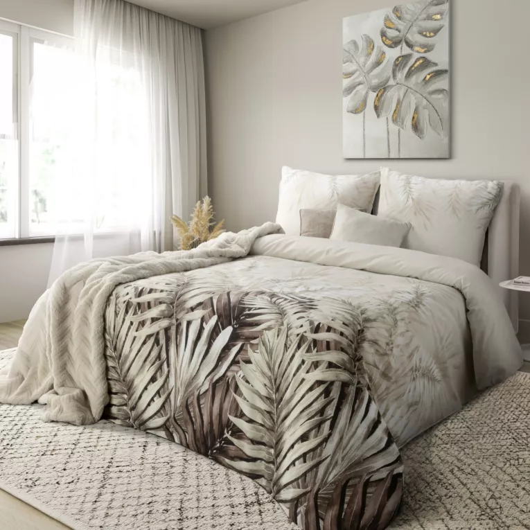 Pościel 140x200 cm bawełna ranforce kolor biały brązowy z motywem roślinnym NESSA