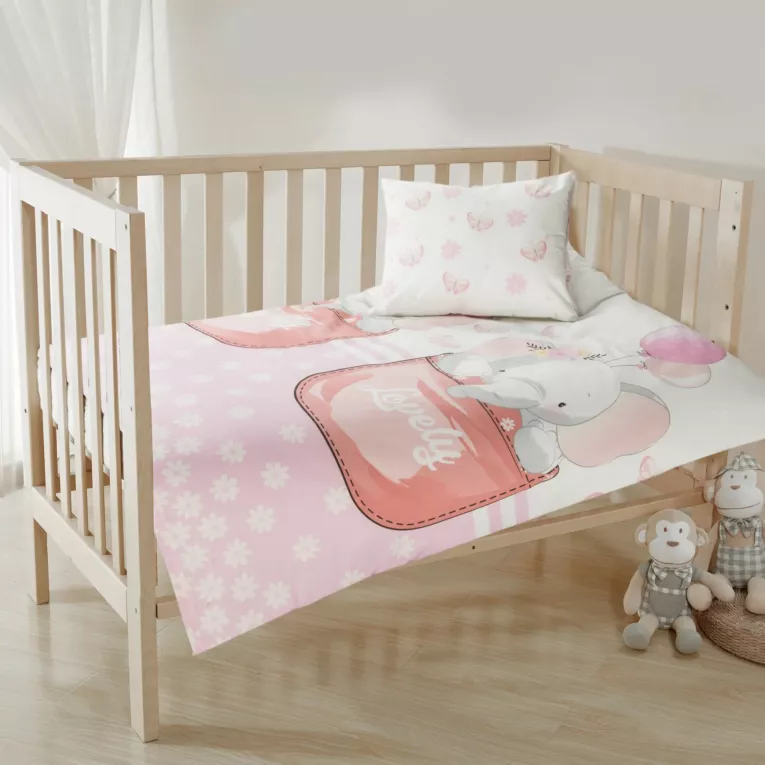 Pościel dziecięca dla dziewczynki 100x135 cm bawełniana kolor biały, różowy z słonikiem KIDS