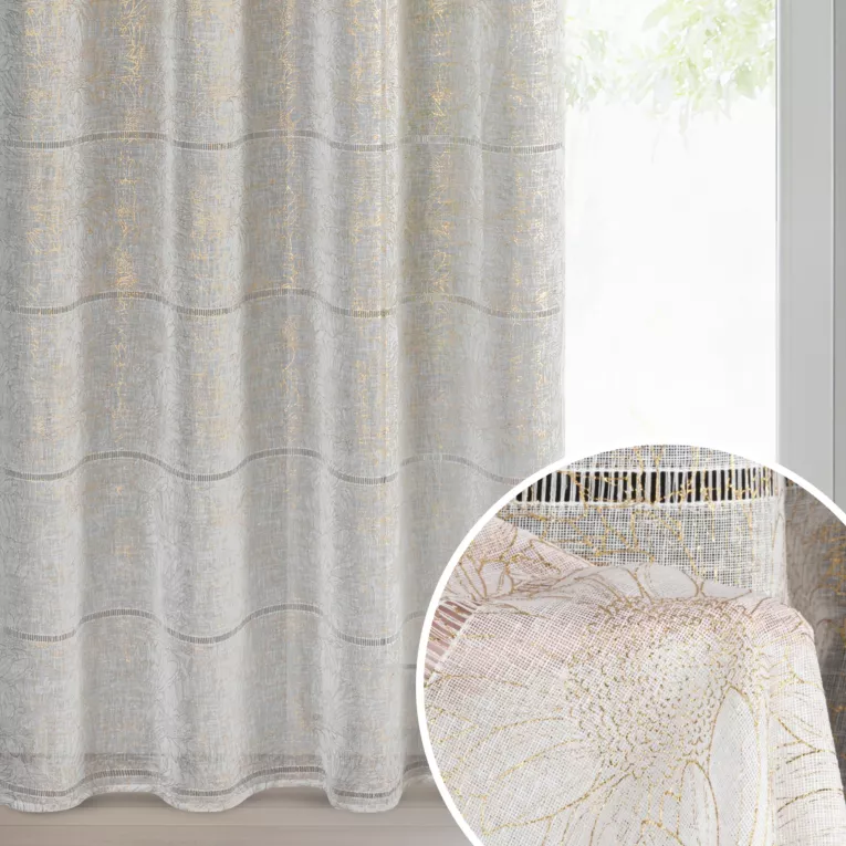 Firana biało, złota zdobiona ażurowymi paskami i roślinnym nadrukiem 140x250 cm przelotka - KATY