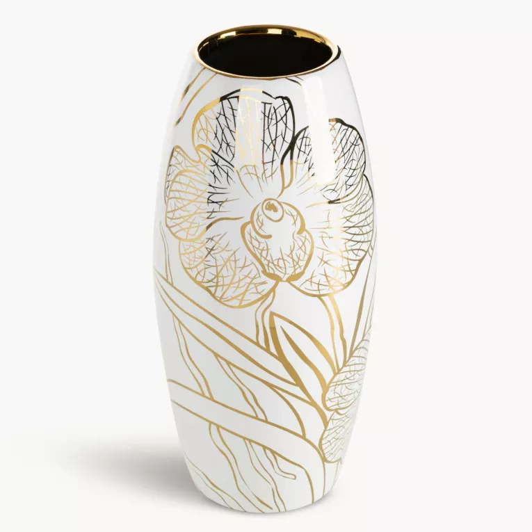 Wazon dekoracyjny biało, złoty zdobiony motywem roślinnym 14x30 cm GLEN