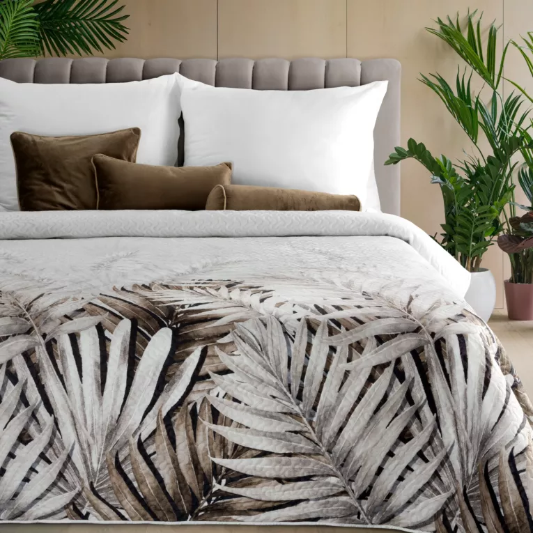 Narzuta welwetowa biało, beżowa 170x210 cm zdobiona nadrukiem subtelnych liści NESSA