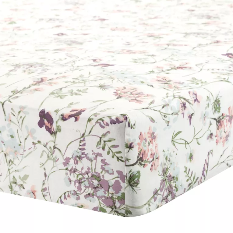 Prześcieradło z gumką 180x200 cm z bawełny kolor różowy,zielony z wzorem roślinnym 105 g/m2 PRINT