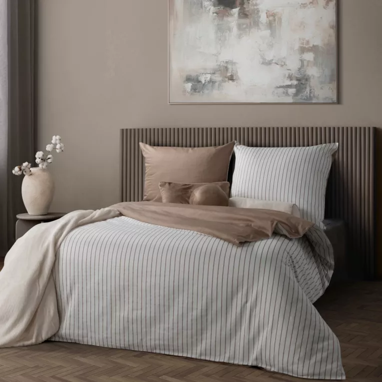 Pościel 140x200 cm komplet 2 częściowy z satyny bawełnianej kolor biało, beżowy w paseczki RAYA