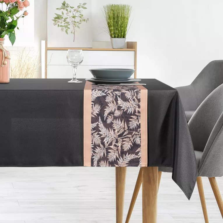 Komplet obrus z bieżnikiem czarno, beżowy 140x260 cm ANITA 1 zdobiony subtelnym wzorem roślinnym