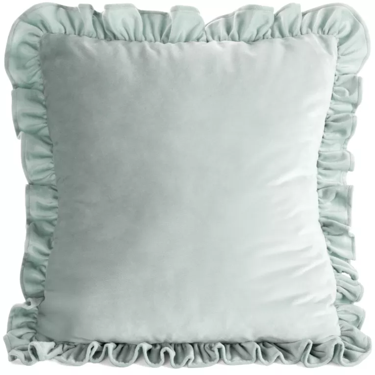 Poszewka na poduszkę 45x45 cm z aksamitnego welwetu szałwiowa zdobiona na brzegach falbanami BRENDA Eurofirany Premium