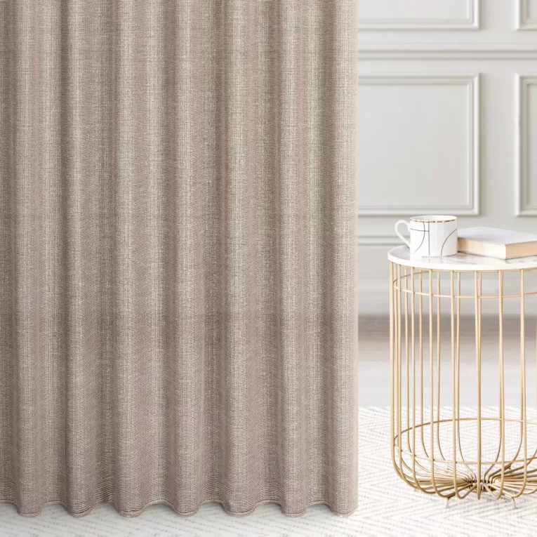 Firana szyta na taśmie 5 cm brązowo złocista z delikatnej siateczki przetykanej błyszczącą, lureksową nicią wykończona obciążnikiem Italissima Eva Minge