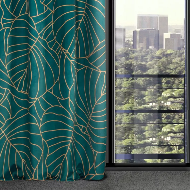 Zasłona ciemnoturkusowo, beżowa w złote liście z welwetu 140x250 cm przelotka - LILI 2 - Lmited Collection