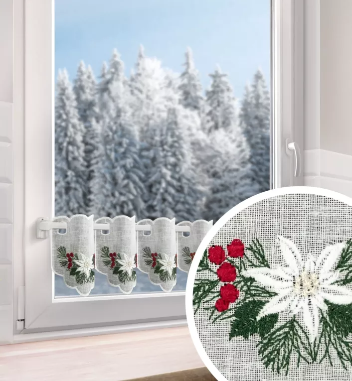 Tkanina firanowa zazdrostka z haftem świątecznych gwiazd betlejemskich