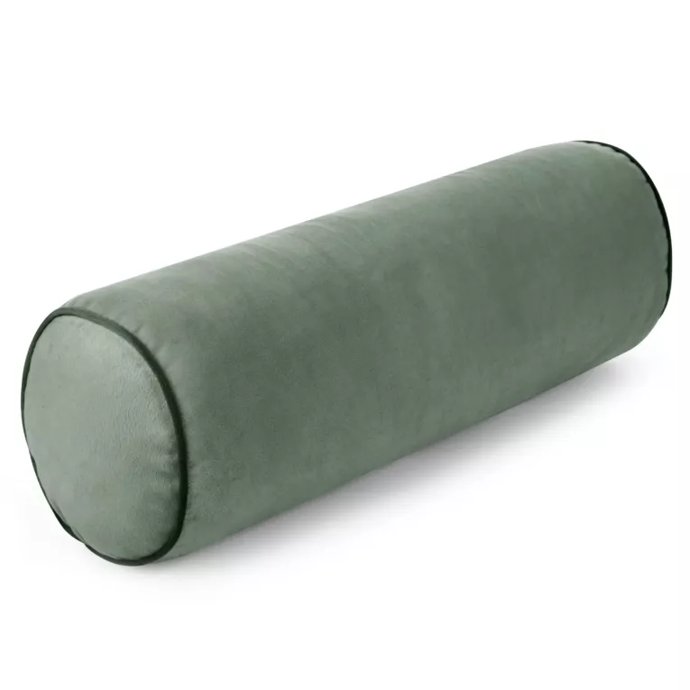Poduszka dekoracyjna wałek 15 x 45 cm welwetowa jasnomiętowa zdobiony kontrastującą lamówką GAJA