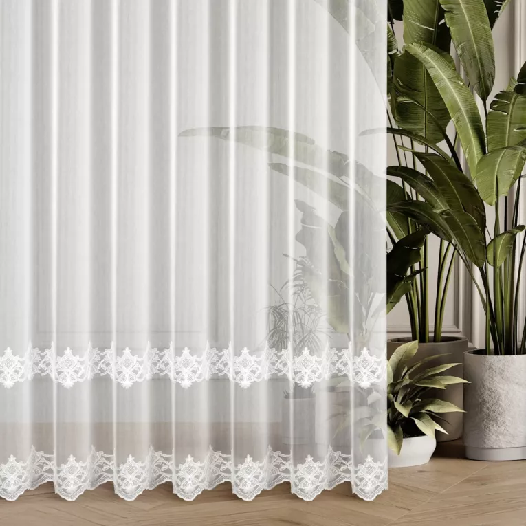 Firana szyta na taśmie fala biała z matowej tkaniny z efektem deszczyku ozdobionej ornamentowym haftem