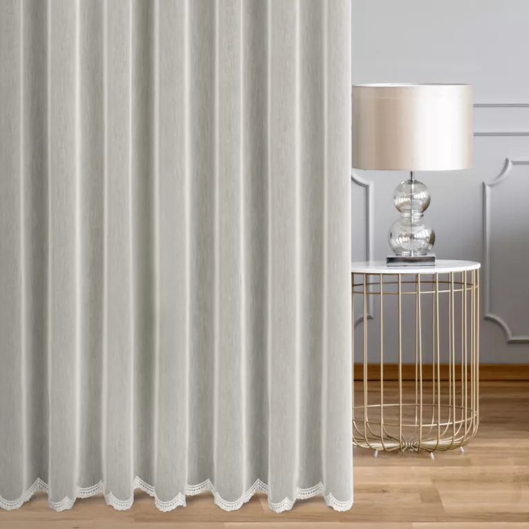 Firana szyta na flexach kremowa z matowej przezroczystej tkaniny haftowanej w falujący wzór