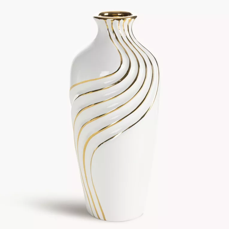 Wazon dekoracyjny biało, złoty zdobiony subtelnymi liniami 15x33 cm ESTELA