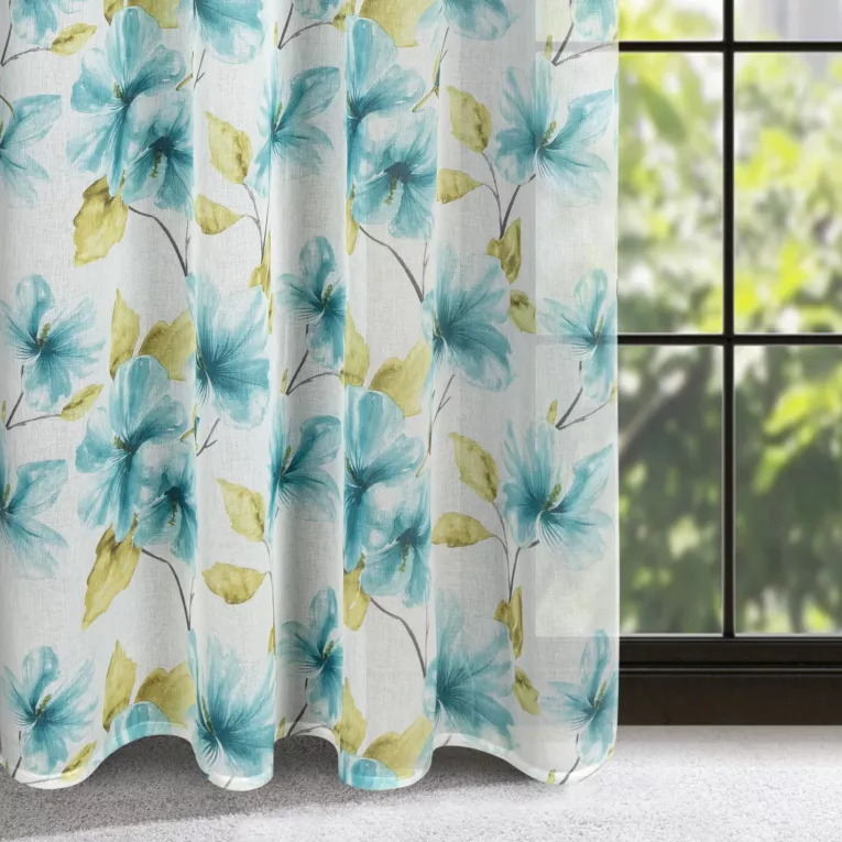 Dekoracja okienna biała w niebieskie kwiaty 140x270 cm taśma - SOFIA