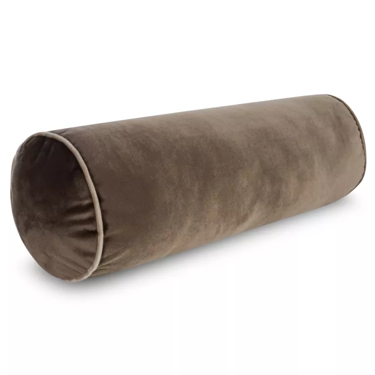 Poduszka dekoracyjna wałek 15 x 45 cm welwetowy ciemnobrązowy zdobiony kontrastującą lamówką GAJA