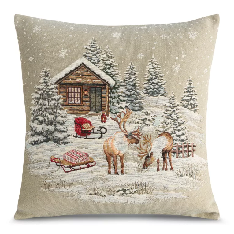 Poszewka na poduszkę 45x45 cm bawełniana, gobelinowa naturalno, beżowa zdobiona motywem zimowej wioski GOB