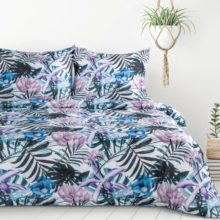 Pościel 220x200 cm z mikrofibry kolor jasnofioletowy, niebieski zdobiona botanicznym wzorem MALIBU Design 91
