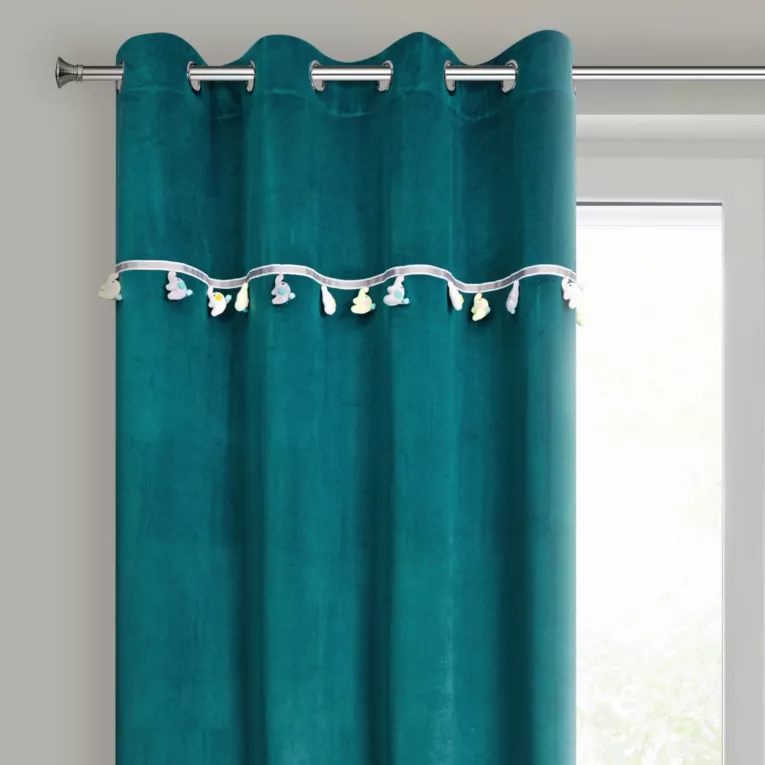 Zasłona turkusowa z aplikacją w słoniki z welwetowej tkaniny 140x250 cm przelotka - KIDS