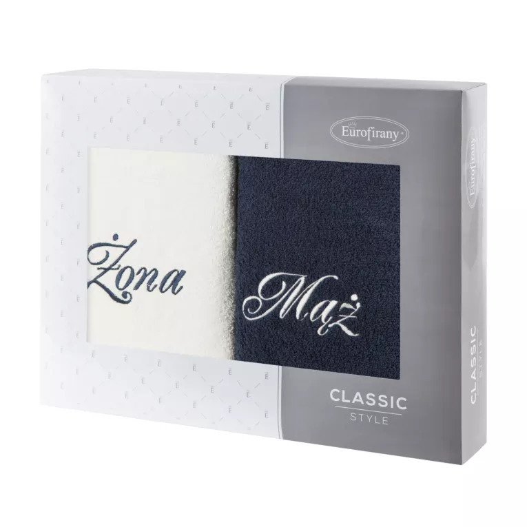 Zestaw ręczników bawełnianych na prezent 2 szt 70x140 cm z haftem Żona i Mąż kolor biały,granatowy 400 g/m2